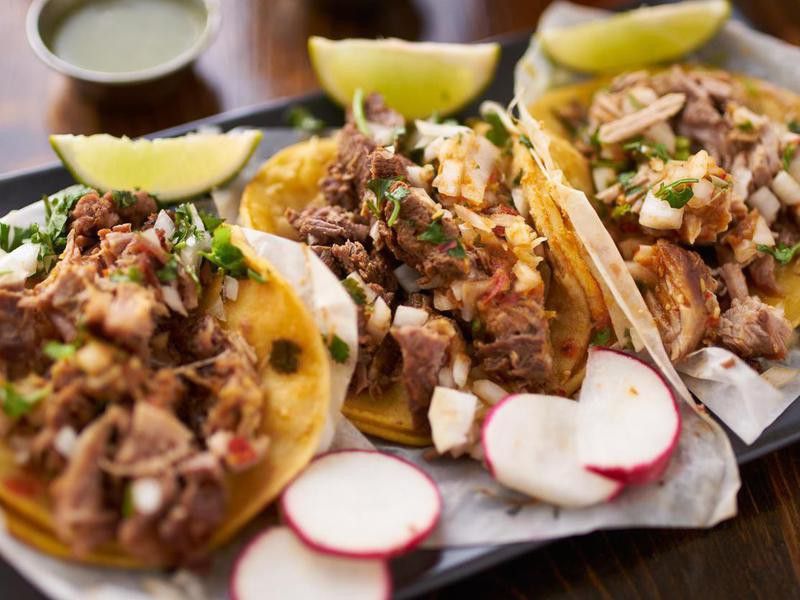 Street tacos with chicken, carnitas and barbacoa