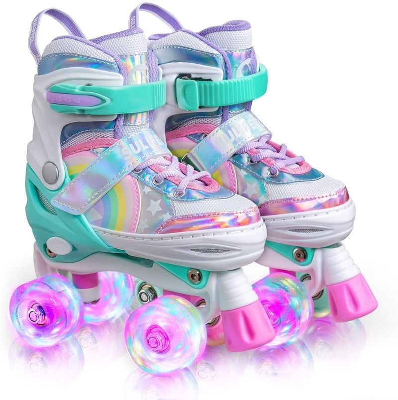 Sulifeel Rainbow Unicorn 4 Size Adjustable Light up Roller Skates