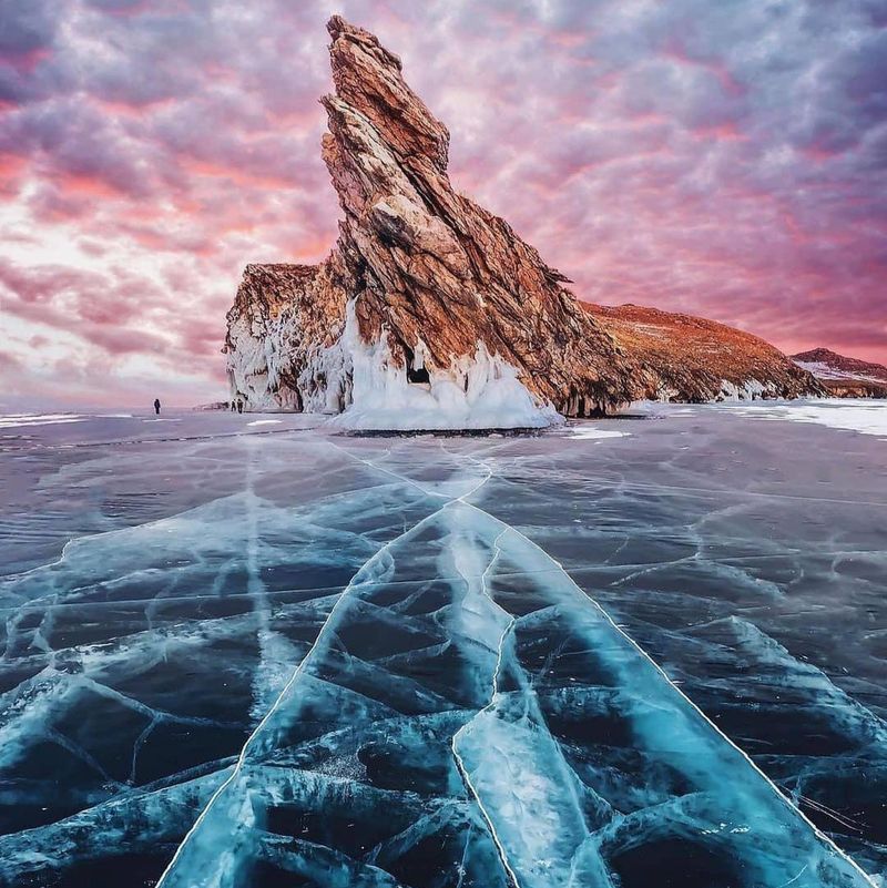 Sunset on frozen Lake Baikal, Siberia