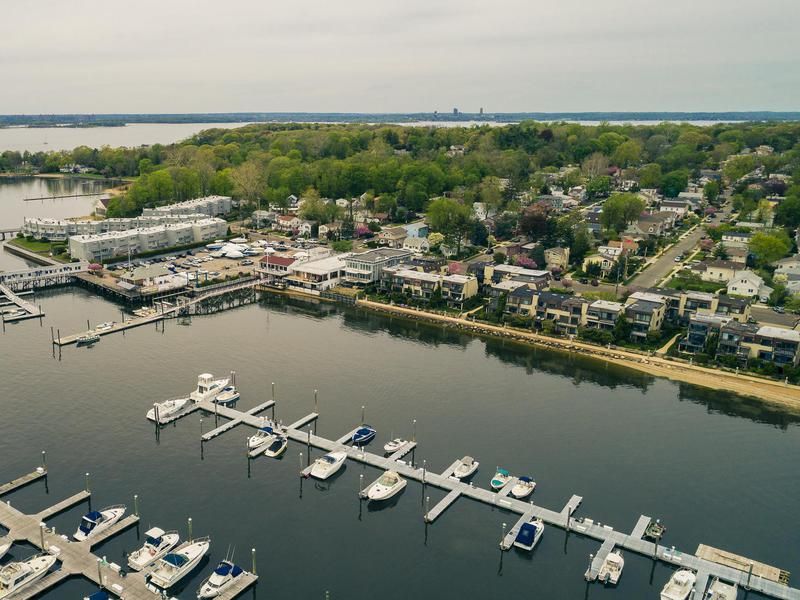The aerial scenic view on the marina of Port Washington, Long Island, New York,
