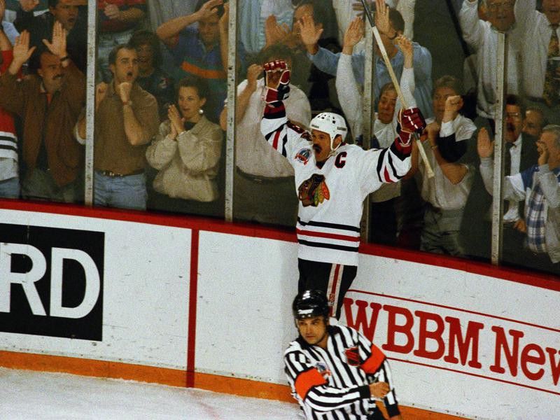 The Chicago Blackhawks' Dirk Graham celebrates after a first-period goal against the Pittsburgh Penguins