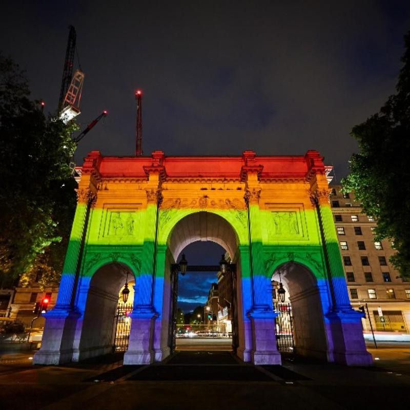 The Marble Arch in London in gay pride colors