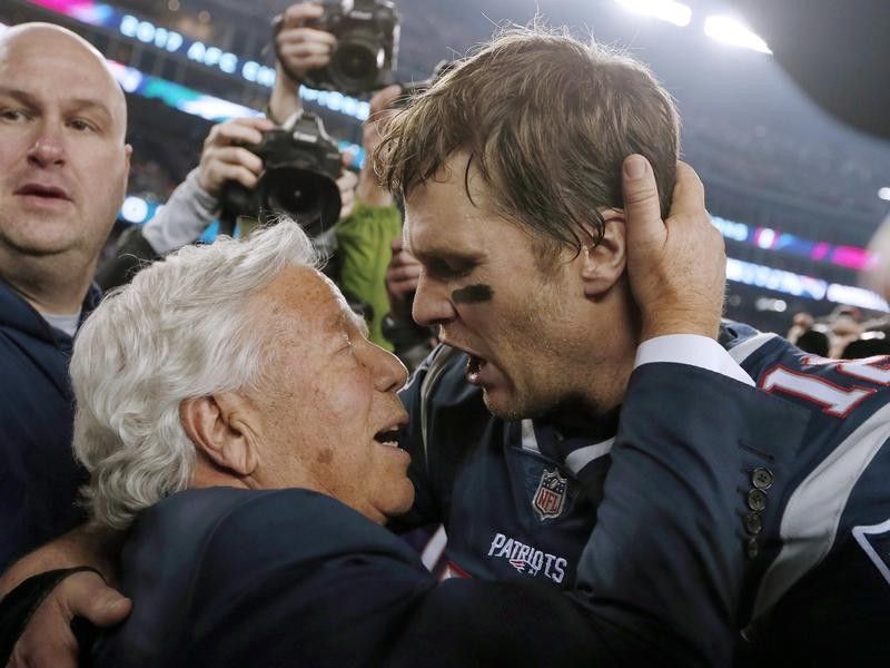 Tom Brady and Patriots owner Robert Kraft after a win