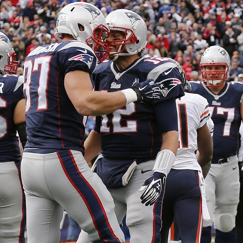 Tom Brady celebrates his touchdown pass to Rob Gronkowski