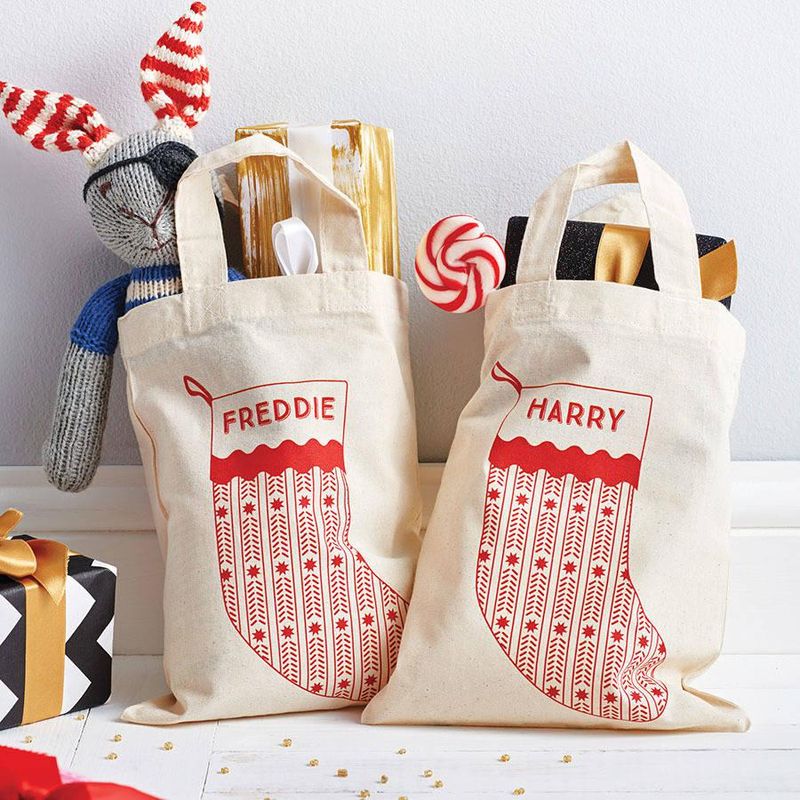 Tote bag stocking with candy and stuffed animals