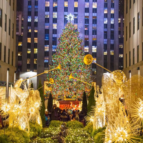 New York, NY, USA - December 5, 2013:Rockefeller Center all decorated surrounding the newly lit Christmas tree on December 5, 2013.