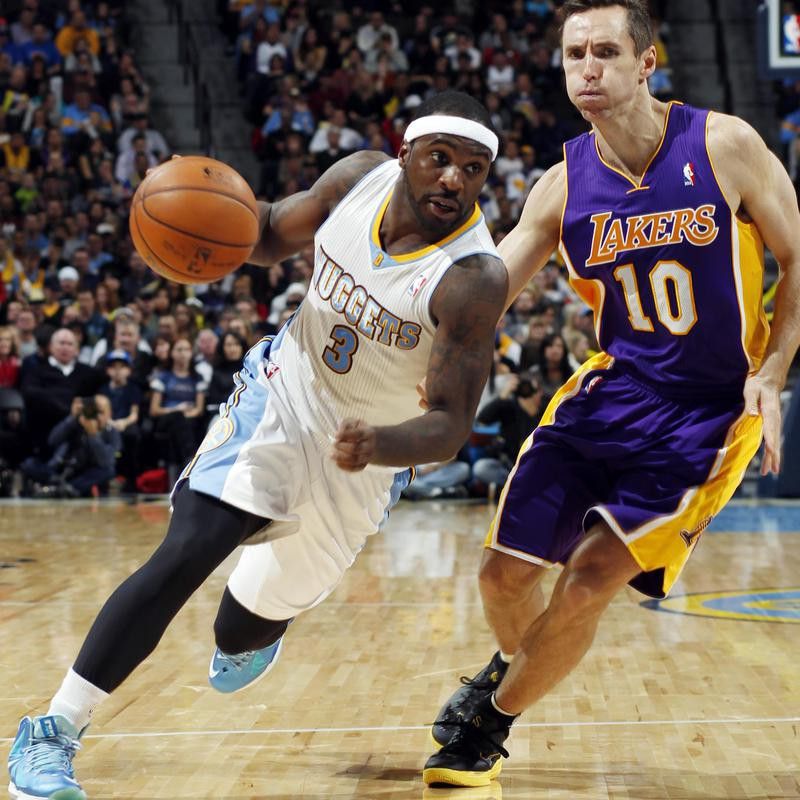 Ty Lawson of the Denver Nuggets drives against Lakers