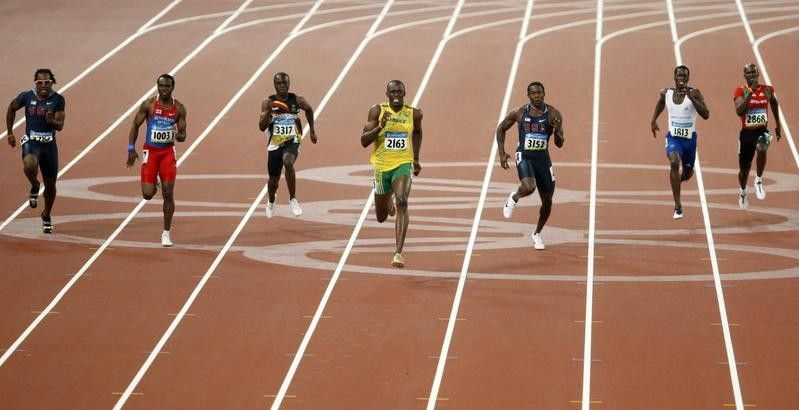 Usain Bolt, Churandy Martina, Shawn Crawford and others in 200-meter race at Beijing Olympics