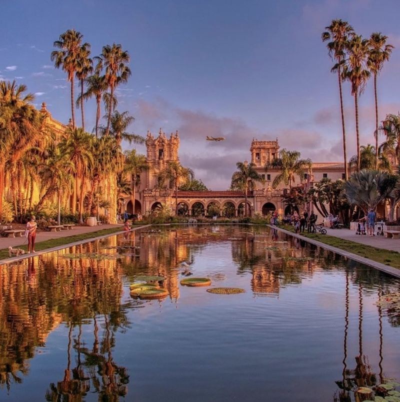 View by water of Balboa Park at sunset