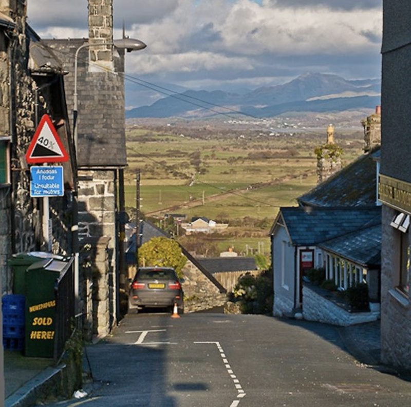View of Ffordd Pen Llech from the town of Harlech, Wales