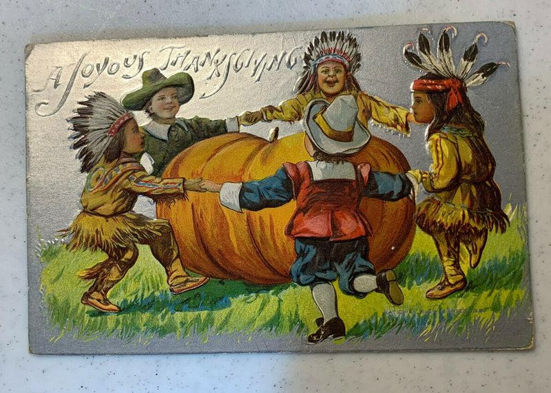Vintage Thanksgiving Postcard With Pilgrim and Native American Children