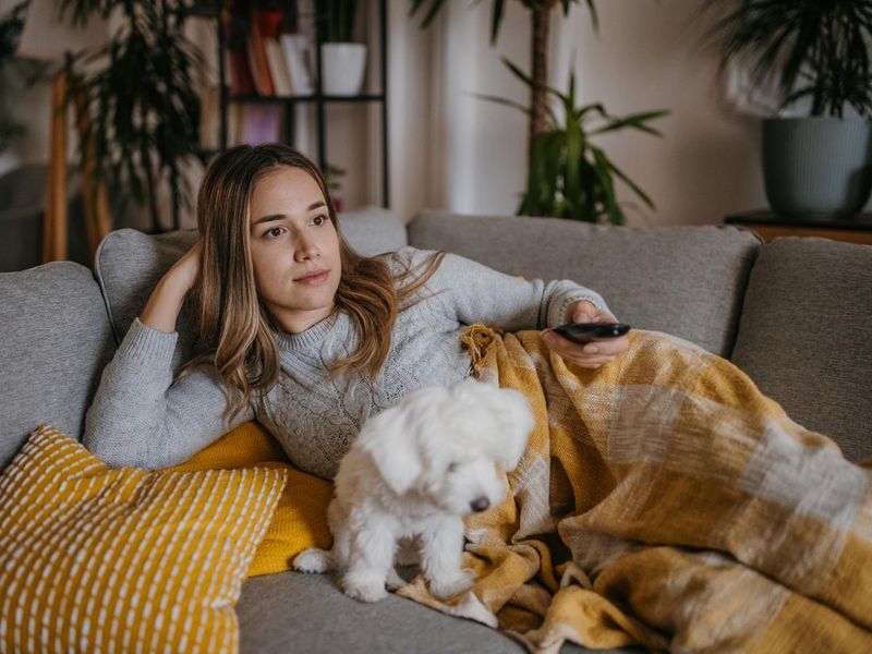 woman watching television with her Maltese puppy on sofa at home