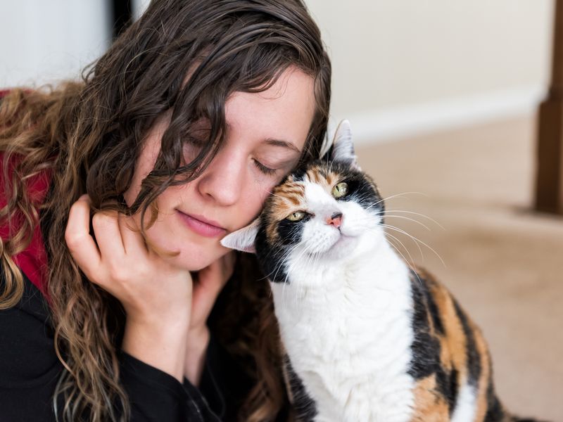 Young woman bonding with calico cat